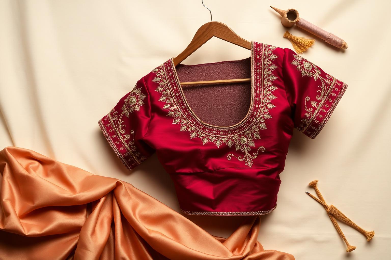 Elegant maroon bridal blouse with intricate gold embroidery by Shakthi Boutique